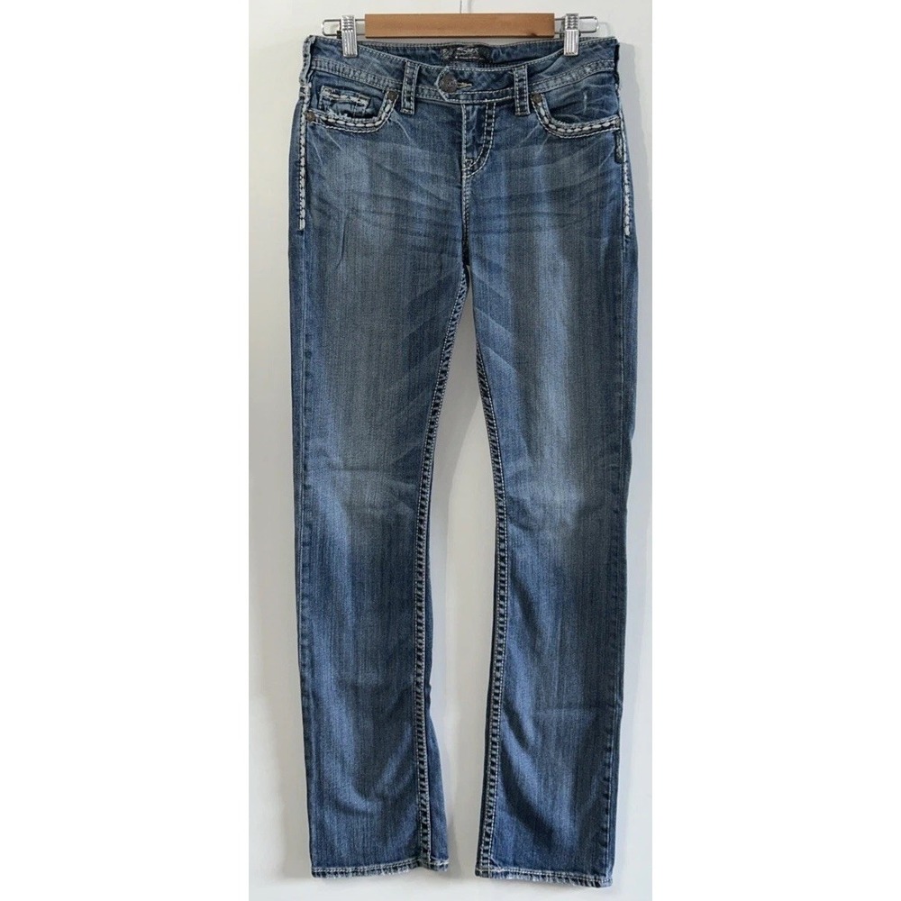 Women's Y2K Silver Jeans Tuesday Mid Rise Straight‎ Sz 29 29x34 Distressed